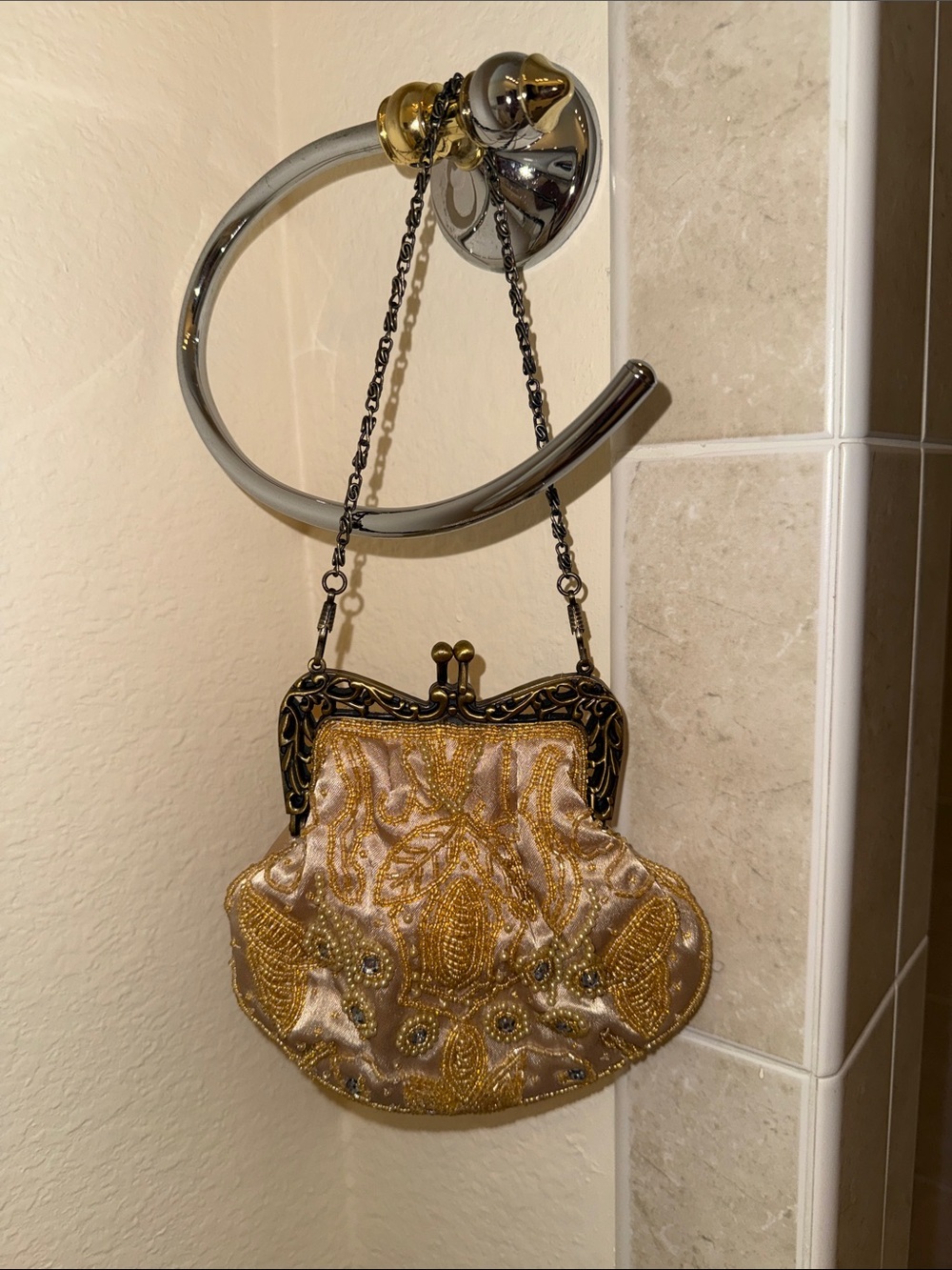 Bijoux Terner Gold Beaded Frame Clutch with Chain